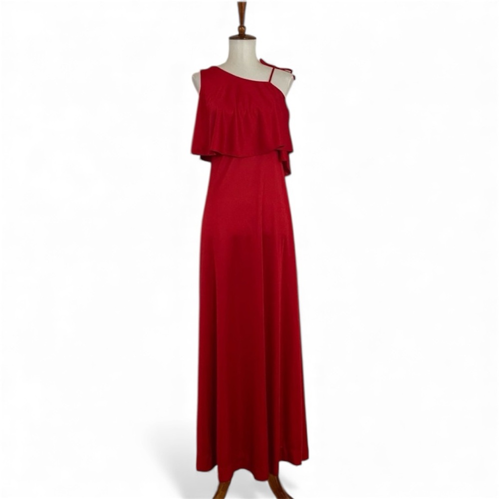 Vintage‎ 70s 80s Red Dress Women’s XS One Shoulder Tie Sleeveless Ruffle Maxi